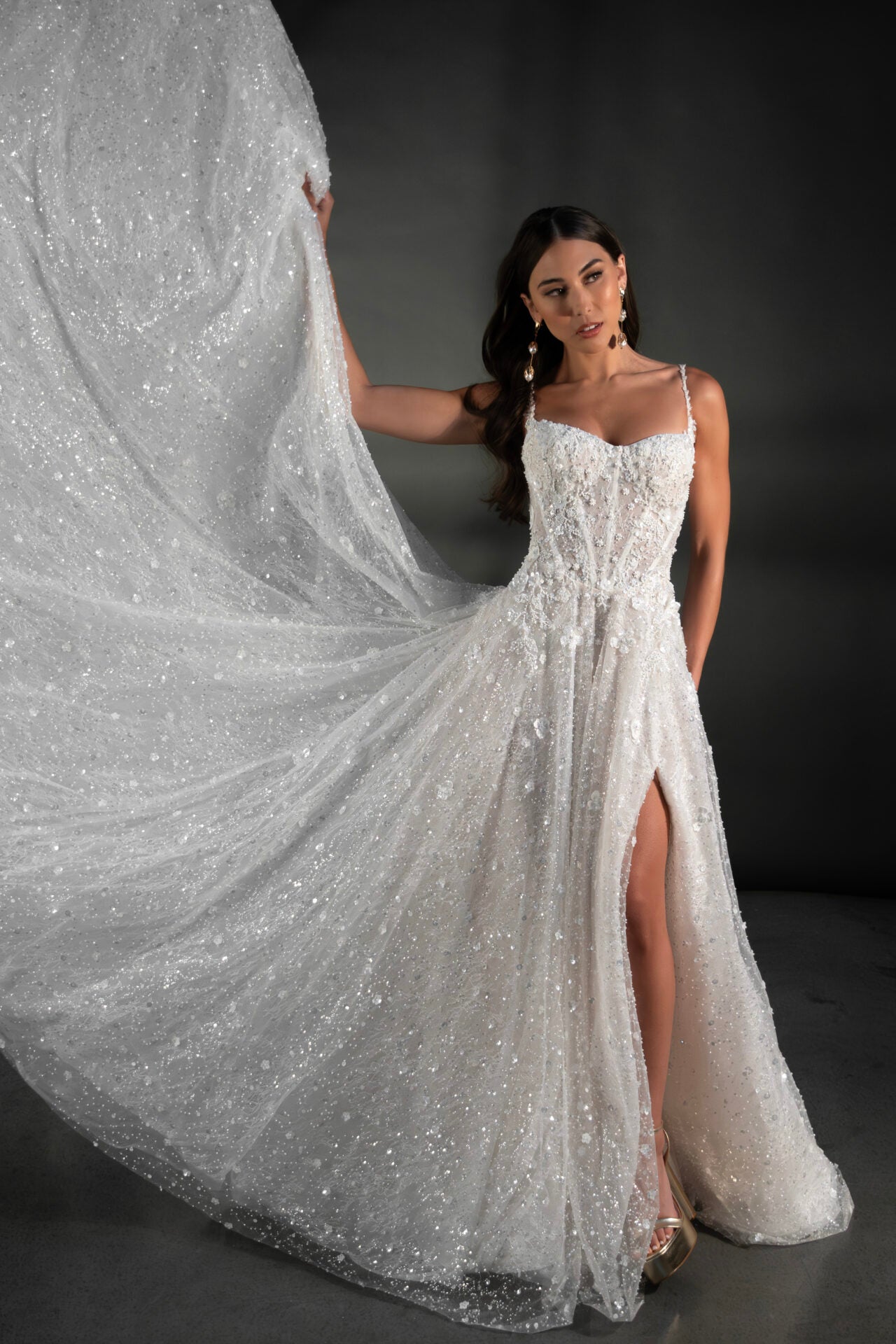 Woman in a sparkling silver wedding dress with a long train against a dark background